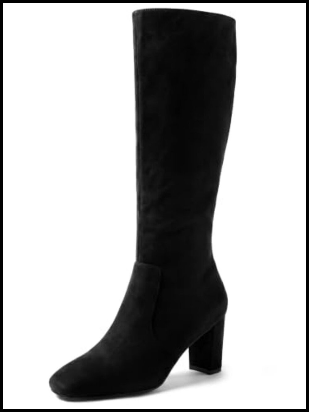 Faux Suede Square Toe Chunky Heel Knee High Boots Side Zipper